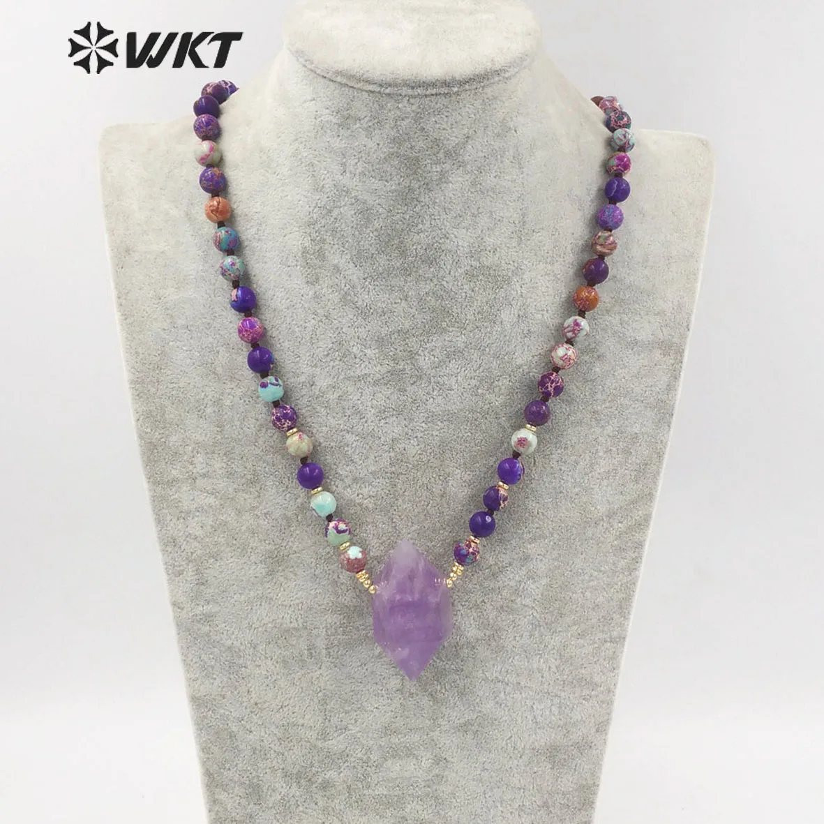 

WT-N1374 WKT Natural Stone Necklace Jasper Colored Bead Chain Double Hexagon Pendant Amethyst For Ladies Jewelry Gift
