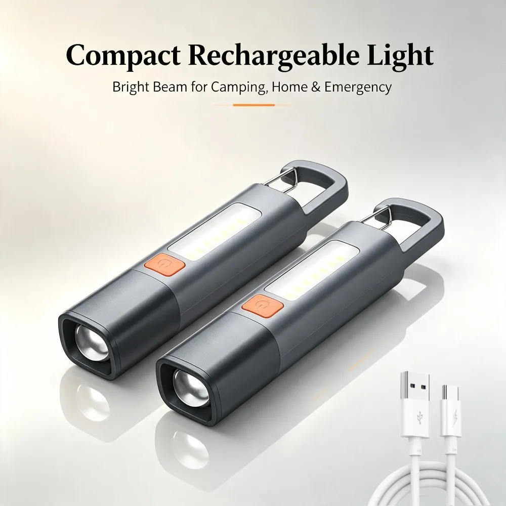 COB Dual Light Source Flashlight Portable Zoomable USB Rechargeable Waterproof Torch with Hook for Outdoor Camping Lighting