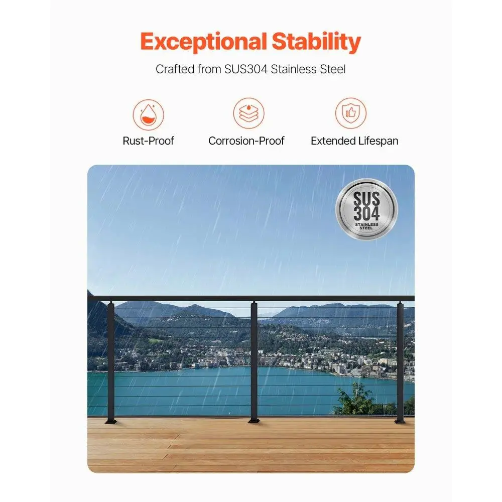 Stainless Steel Cable Railing Post 42x1x2 Inch Level Deck Stair Handrail Kit Pre-Drilled Pickets with Mounting Bracket Black