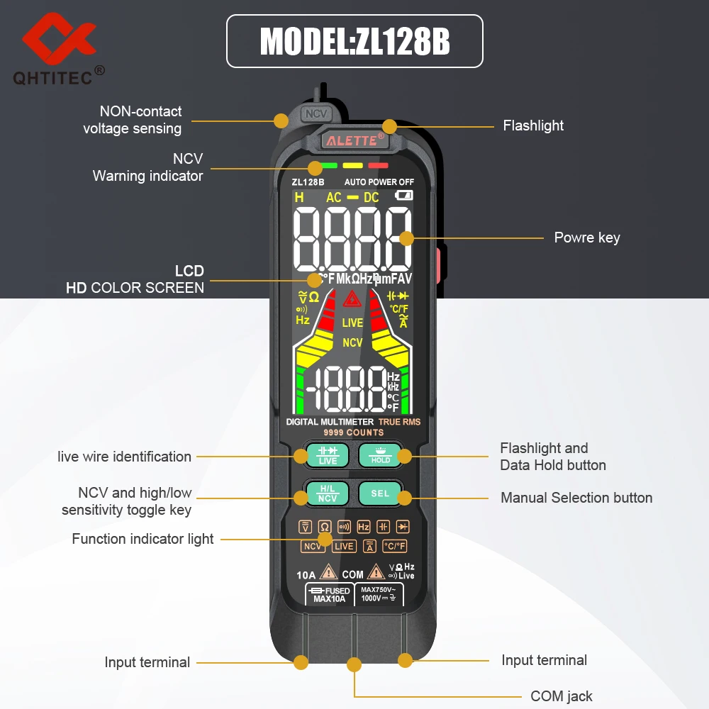 Profesional Digital Smart Multimeter 9999 Counts T-RMS AC DC Current Voltage Detector Capacitance Temp Auto Range NCV Multimeter