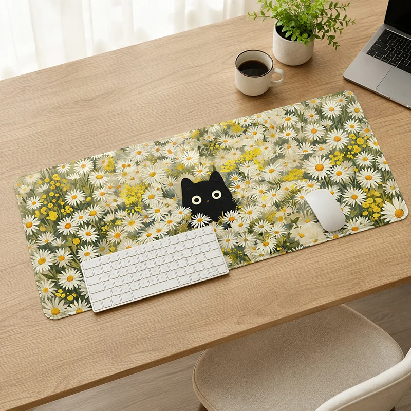 Mouse Pad Black Cat in White Daisy Field Gaming XL Custom New Home Mousepad XXL Desk Mats Office Non-Slip PC Desktop Mouse Pad