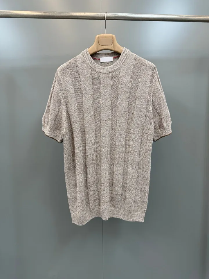 BC Old Money Style Mens Striped Cotton Linen Short Sleeve T Shirt Contrast Cuff Hollow Out Breathable Versatile Casual Crewneck