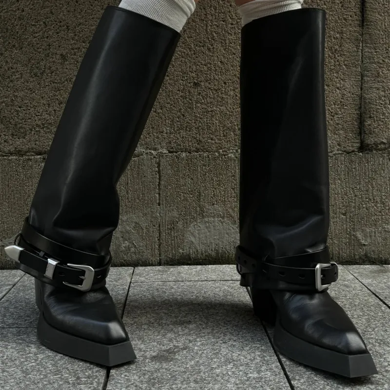 

Black Belt Buckle Thick Heel Trouser Boots Woman Winter 2024 Platform Pointed Toe High Heel Knee High Boots Fashion Shoes