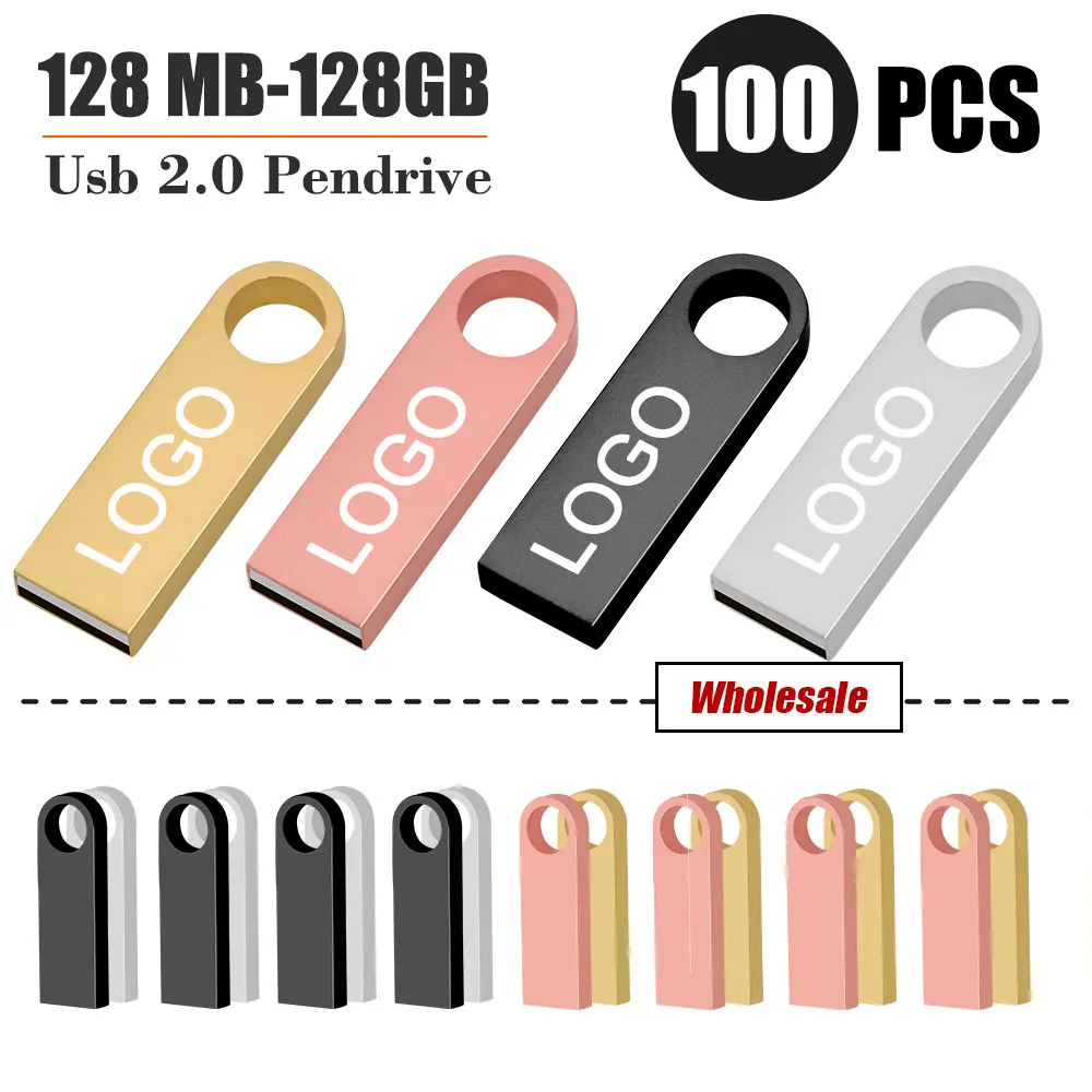 100PCS/lot Metal Pen Drive 64GB 32GB 16GB USB Flash Drive 8GB 4GB U Disk Key Stick 2GB 1GB 128MB 256MB Memory Pendrive Free Logo