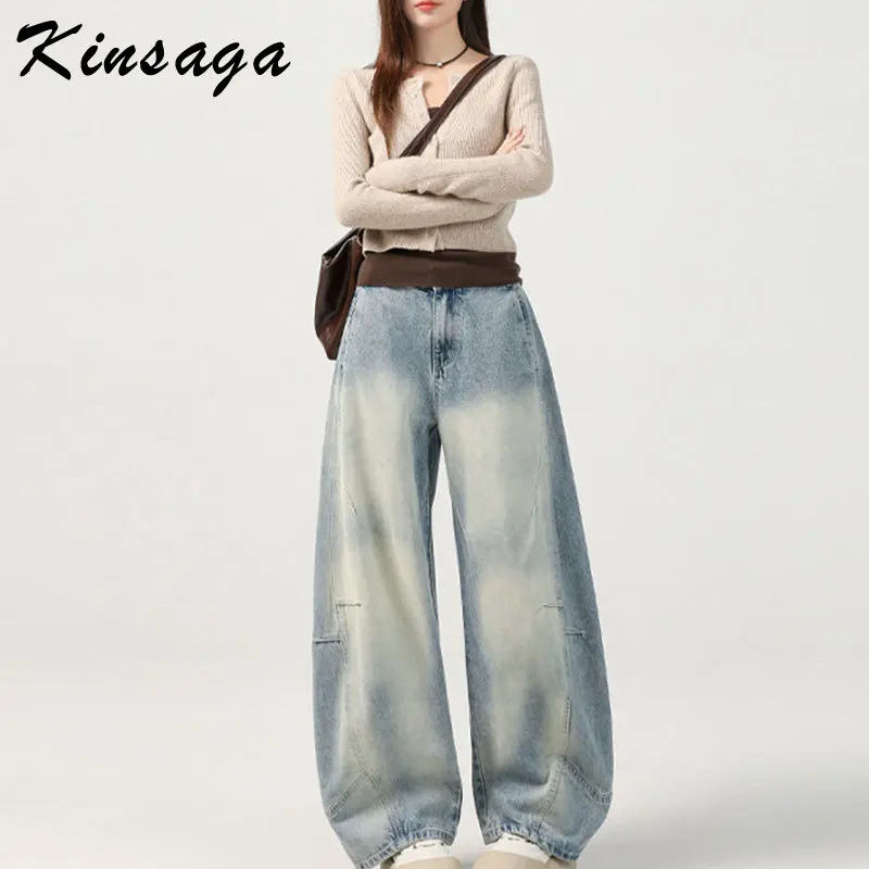 

Women Extra long Pintuck Twist Banana Jeans Loose Curved Wide Leg Rigid Bow Jeans Boyfriend Baggy Tapered Denim Pants Trousers