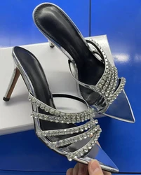 New Summer Women's High Heel Sandals Open Toe Pointed Rhinestone High Heel Slippers One-strap Sandals