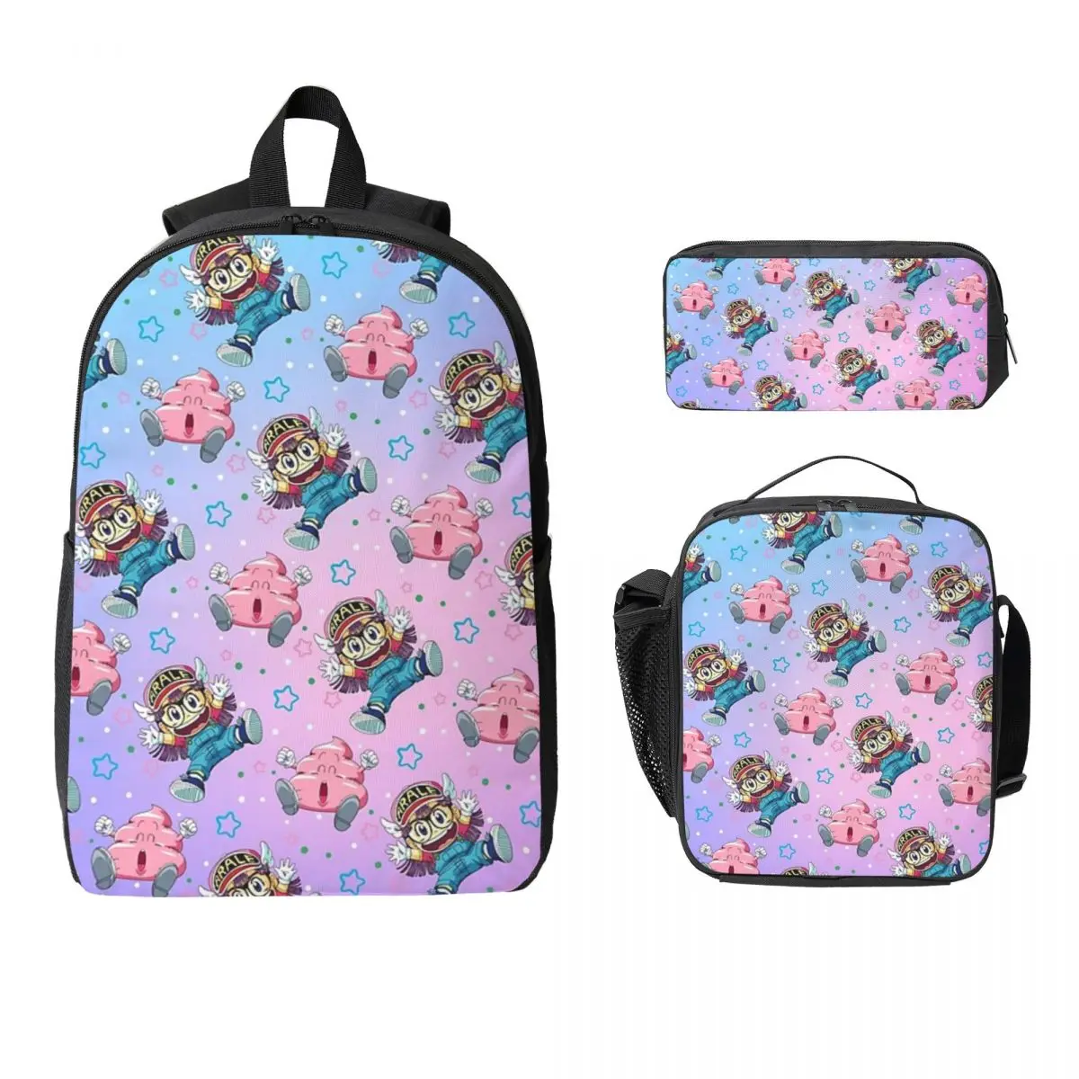 

Arale And Poop Dr Slump Backpack Student Boys Girls BookBag School Bag Laptop Shoulder Bags 3ps Insulated Lunch Bag Pencil Case