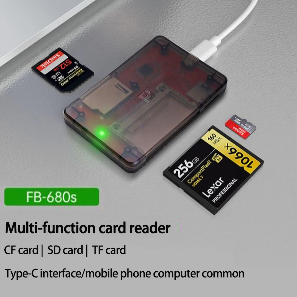 FB-680s قارئ بطاقات متعدد الوظائف USB2.0 Type-C واجهة نقل البيانات CF SD TF بطاقة لأنظمة Windows Mac OC Linux