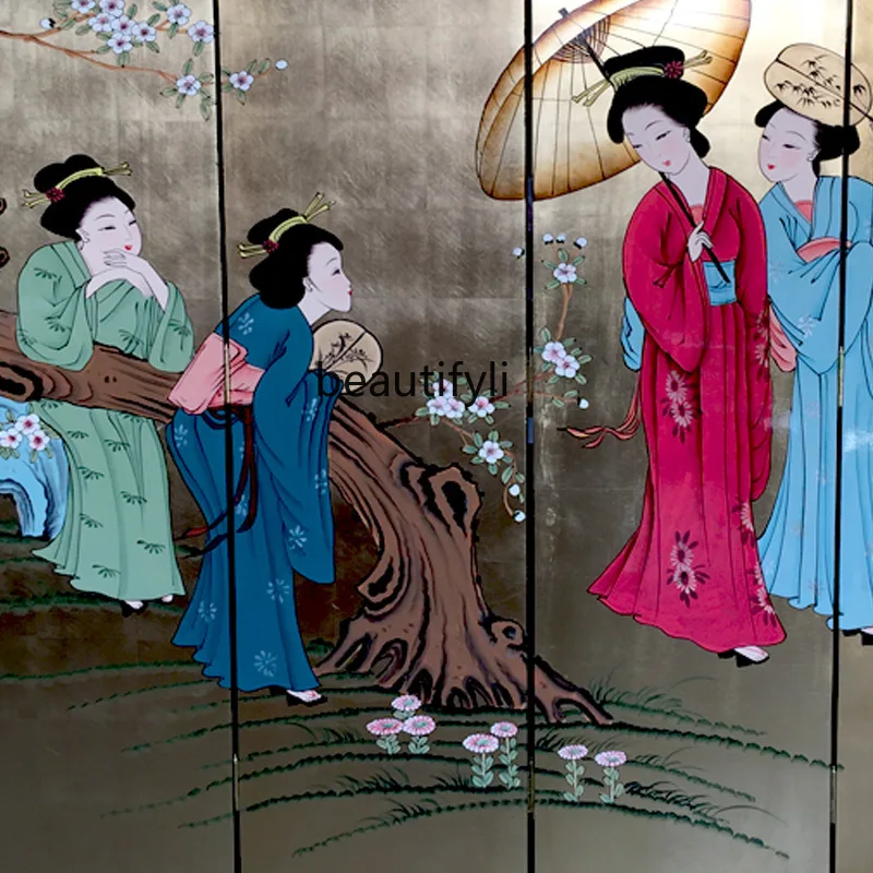 Folding screen hand-painted concubine enjoying spring picture bright Chinese style, classical furniture background wall
