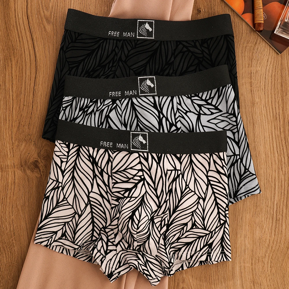 

3 шт./упак. модные фланелевые мужские трусы с листьями ивы, антибактериальное нижнее белье-боксеры из 100% хлопка, удобные дышащие трусы