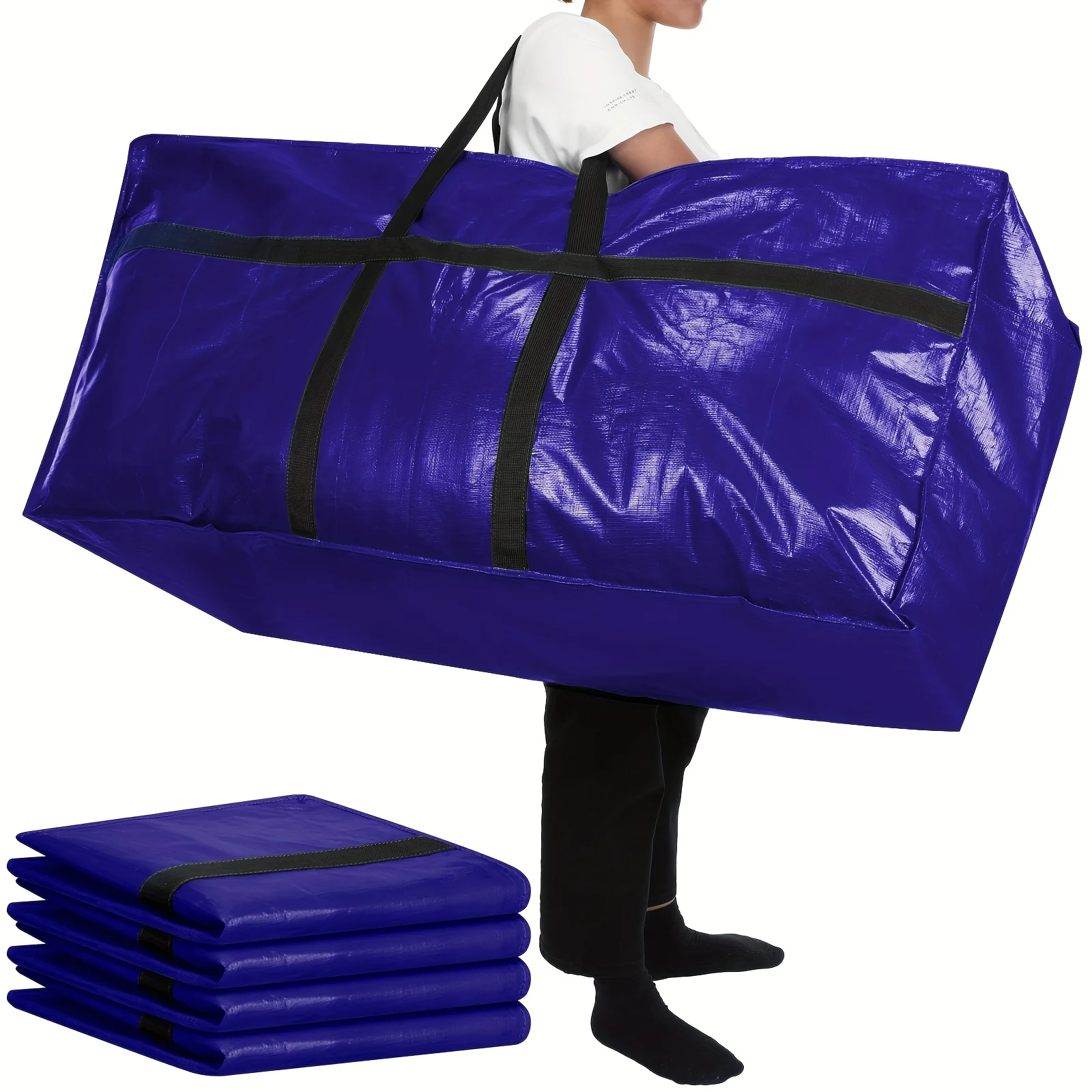 4-Pack Navy Blue Heavy-Duty Foldable Storage Bags – 57-Gallon Nylon Totes with Reinforced Handles & Smooth Zippers for Clothes, Bedding, Travel, and Home Organization