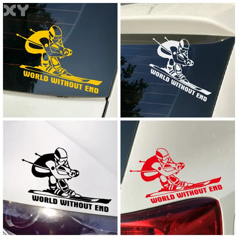 

1pc Ski Athlete Pattern "WORLD WITHOUT END" Text Stickers Waterproof Adhesive Decals for Car Exterior Decor