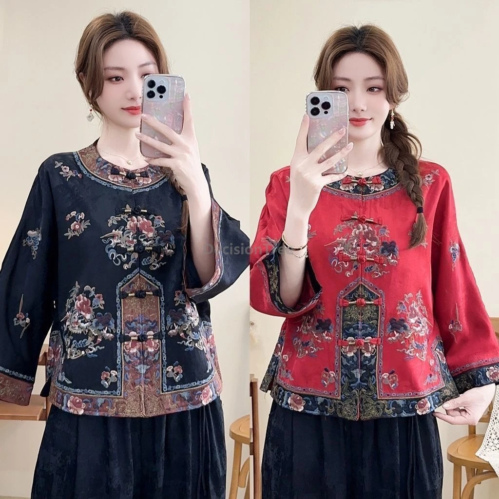 Chinese style Shirt Embroidered Tang suit coat women Retro Loose Cotton Linen Ethnic Style casual daily traditional hanfu coat