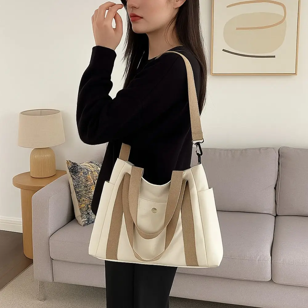 

Casual Solid Color Multi Pocket Tote Bag Large Capacity Simple Canvas Tote Bag Lightweight Shoulder Bag Travel