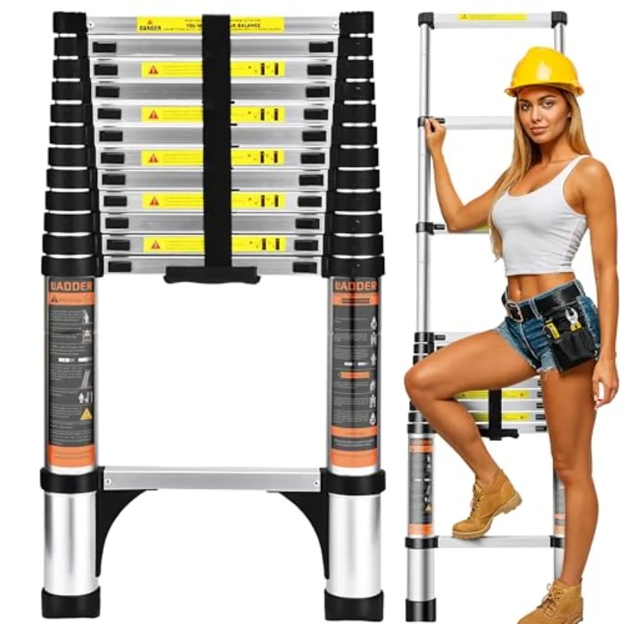 Folding Telescoping Ladder 12.5 FT Aluminum Extension Ladder Black Silver Compact Portable Anti-Slip Collapsible Ladder for Hom