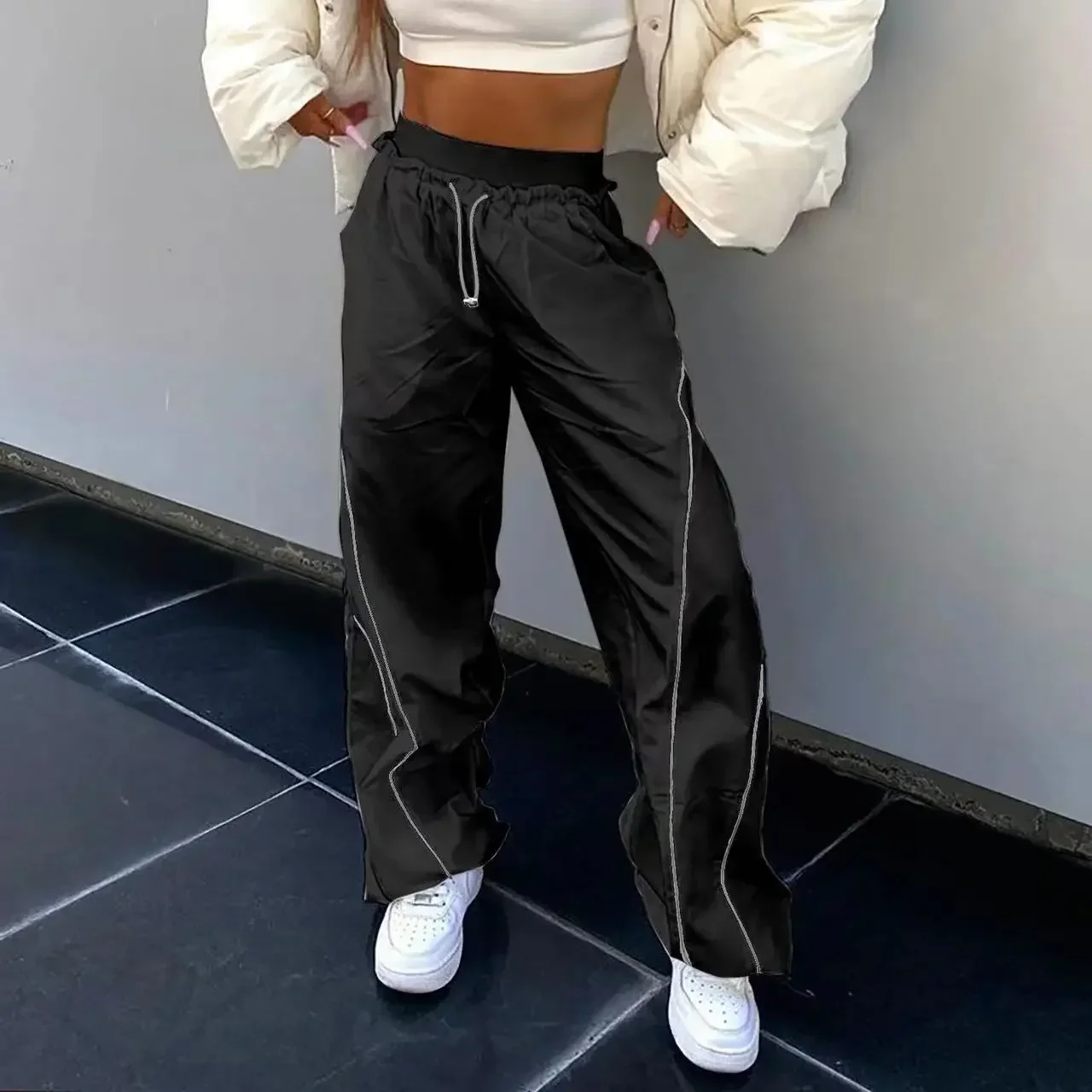 

Womens Cargo Pants Elastic Low Waist Wide Leg Pants Capris Straight Leg Joggers Trousers Joggers Baggy Sweatpants Y2K Streetwear