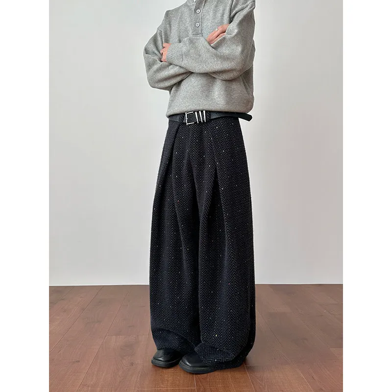 

Heavyweight Embroidery hair Wool Men's Wide Leg Pants Double Pleat Design Clean Fit Polyester Casual Trousers