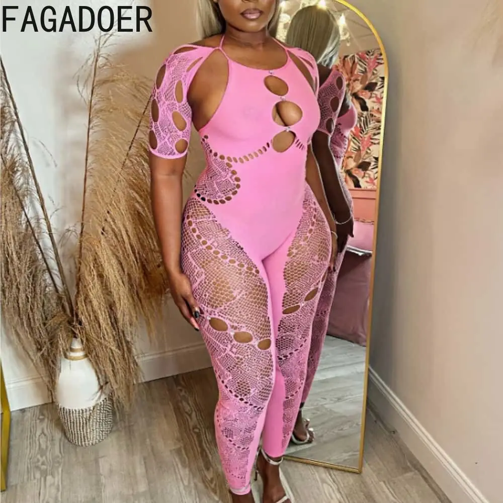 FAGADOER Mesh Lace Up Jumpsuits Women Sexy Coquette Hollow Diamonds Patchwork See Through Slim Overalls Night Club Party Wear