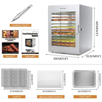 Sušička potravin Lecon Chef, 12 nerezových táců, 24hodinový časovač a regulace teploty 86 °C, 1000W sušičky 10 nejlepší prodej potraviny do sušičky - №9