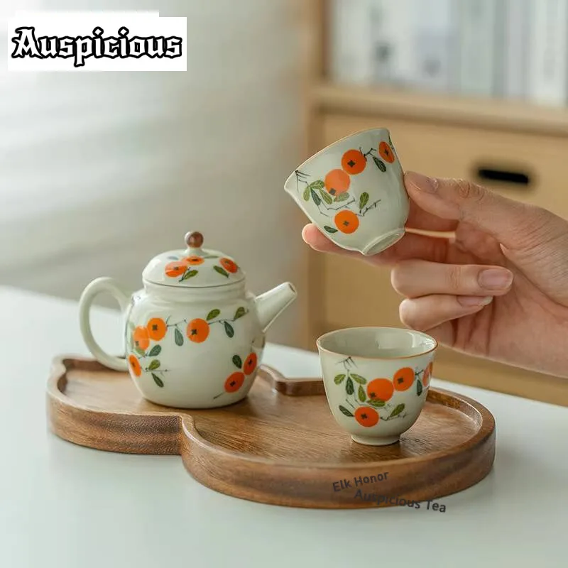 

Pure Hand-painted Persimmon Tea Set Complete Set Traditional Tea Ceremony Set Tea Brewing Teapot and Tea Cup Set Tableware Gift