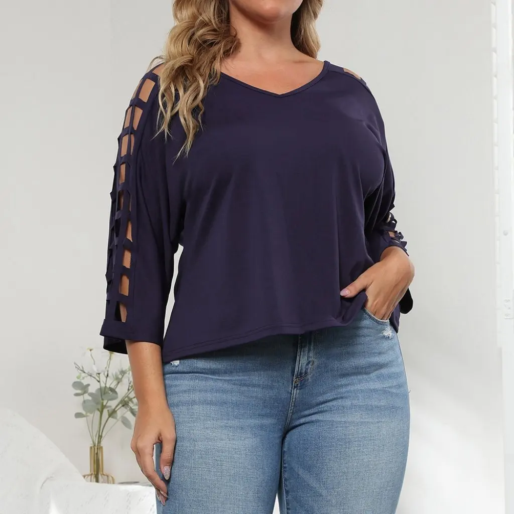 

New Women's Pure Color T-Shirt with Bat Sleeve V-Neck Three-Quarter Length European And American Style Spring/Fall Top