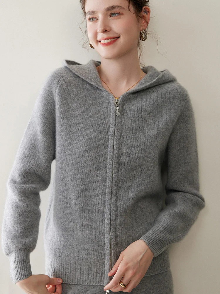 TLOML Nowy Damski Sweter z Kaszmiru 100%, Rozpinany na Zamek z Kapturem, Dzianina Kaszmirowa, Jesień Zima, Miękki, Ciepły, Wysoka Jakość, Gruby Płaszcz