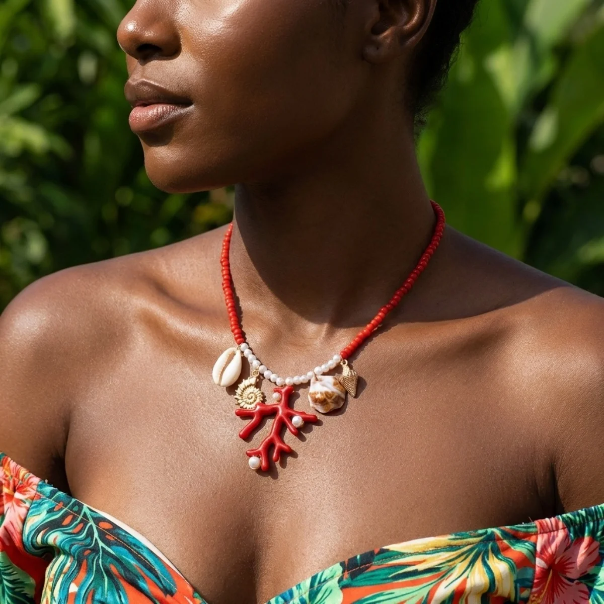 Sommerliche Reisperlen-Halskette mit Korallen- und Muschelanhänger für Damen und Herren – Boho-Muschel-Choker für Urlaub, Party und modische Schmuckgeschenke – Detail 6