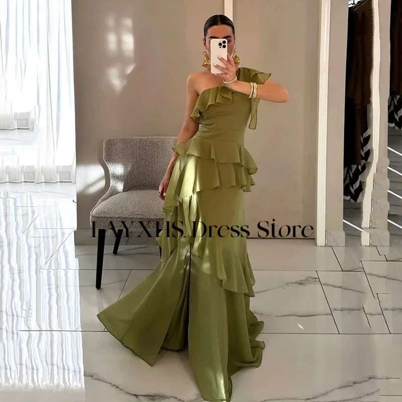 

LAYXHS Elegant One Shoulder Evening Dresses Mermaid Tiered Ruffle Floor-Lenght Prom Dresses Customized فساتين سهرات