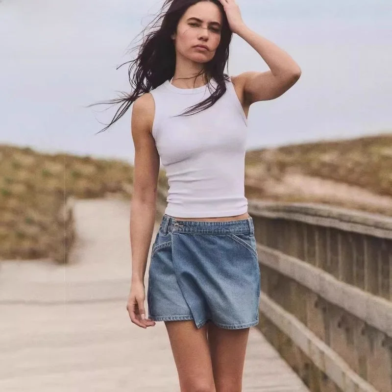 

Summer 2025 New Arrival Women's Denim Cotton Simple Mid-Waist Skirt-Pants Trendy Commute High Waist ort Pure Color