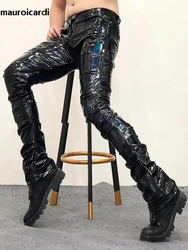 Mauroicardi Spring Autumn Long Cool Black Holographic Shiny Reflective Stretchy Soft PVC Faux Leather Stacked Pants for Men 2024