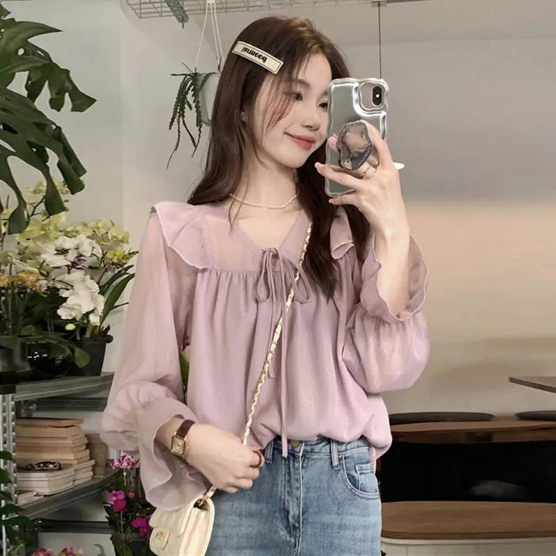 Women Autumn Korean Fashion Loose Lacing Solid Color V-neck Long Sleeve Chiffon Shirts Women Clothes Office Lady All-match Tops