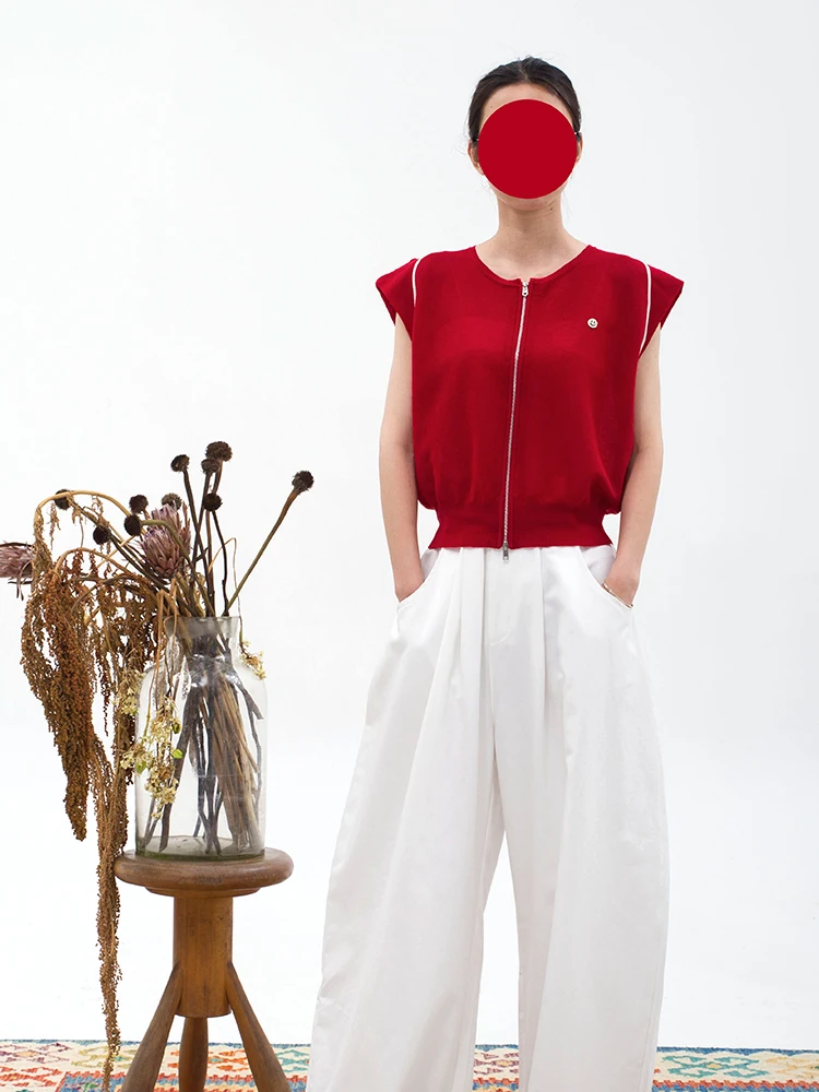 

Comfortable Zipper Cardigan Knitted Vest Women's Faionable Versatile High-End Feeling ort Sle round Ne Pure Color Top