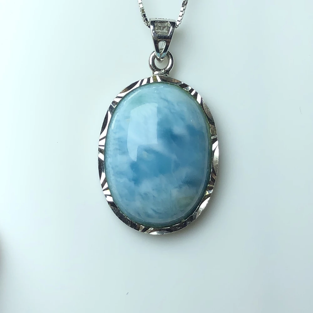 Natural larimar 925 sterling silver pendant for women,  oval shape, deep blue color fashion and classical jewelry