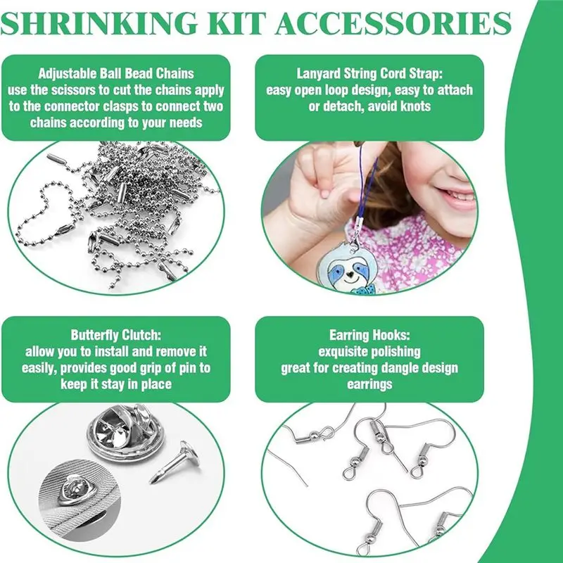 MLGB-202Pcs Shrink Plastic Sheets Kit, Keychains Accessories, Earring Hooks,Tweezers,Lobster Clasp Cord For Handmade Crafting