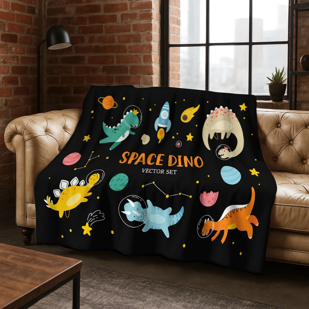 Child Cartoon Dinosaur Space Planet Flannel Blanket Soft Warm Blanket for Bedroom Room Living Room Office Travel Camping Picnic