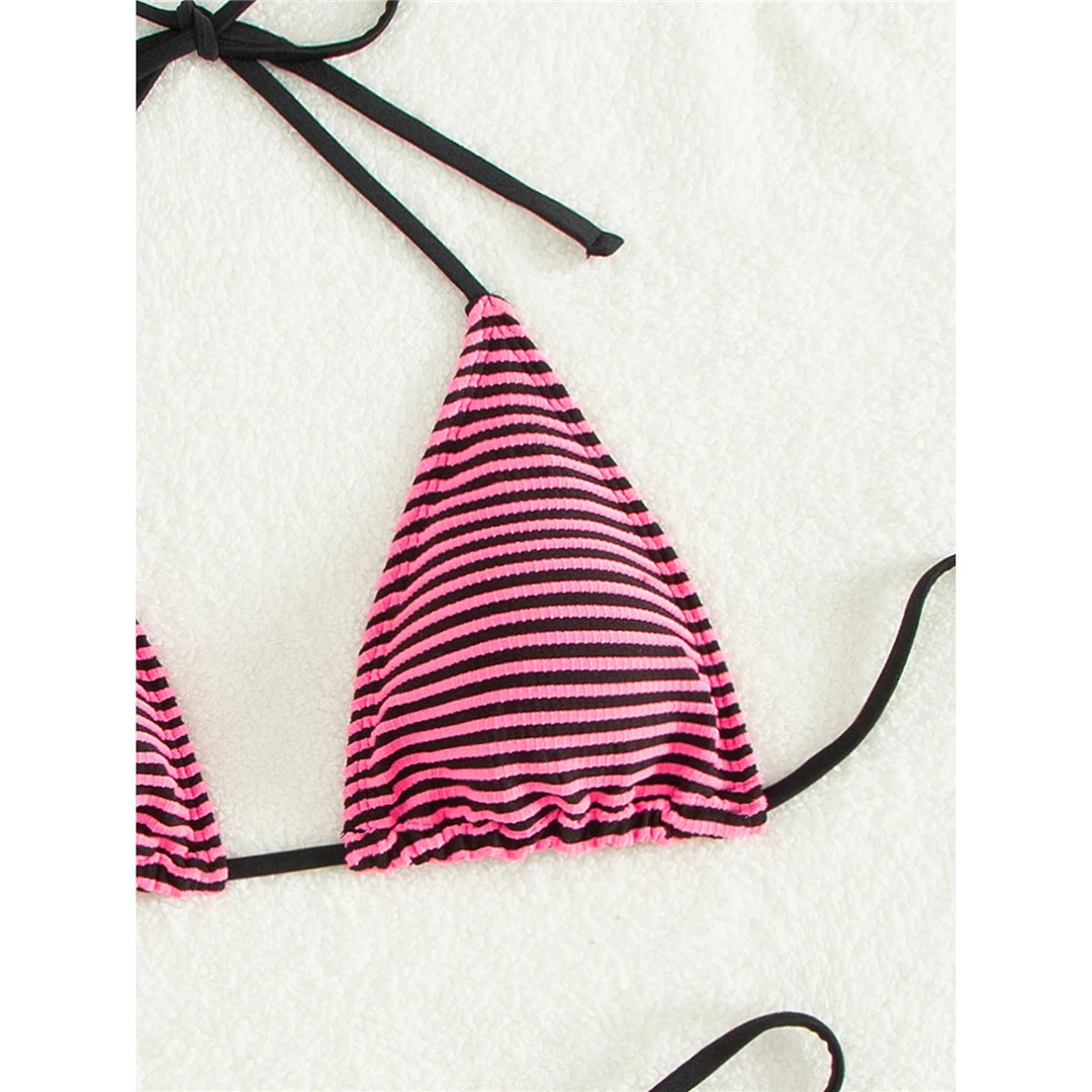 Gestreifter Neckholder-Bikini mit hohem Beinausschnitt, zweiteiliger Damen-Bikini, Badeanzug, brasilianischer Badeanzug, Badebekleidung, Schwimmbekleidung V6032 – Detail 13