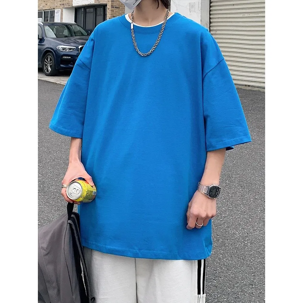 Unisex Korean Style Oversized T-Shirt 220G Cotton Summer Men Women Special Wide Fit Fleece Lined Thickened Nine Sleeve  C...