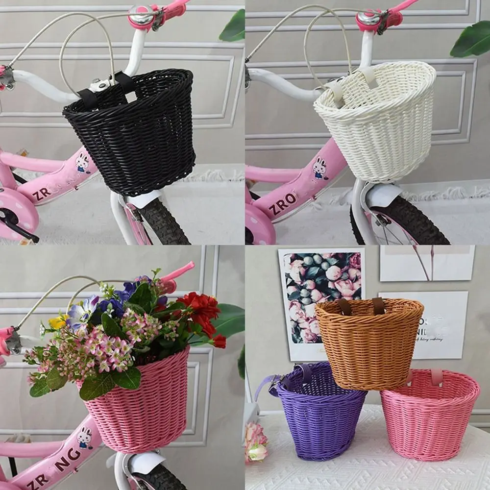 

New Rattan Wicker Kids Bike Basket with Belt 10 Styles Front Handlebar Basket Riding Storage Basket Bicycle Accessories