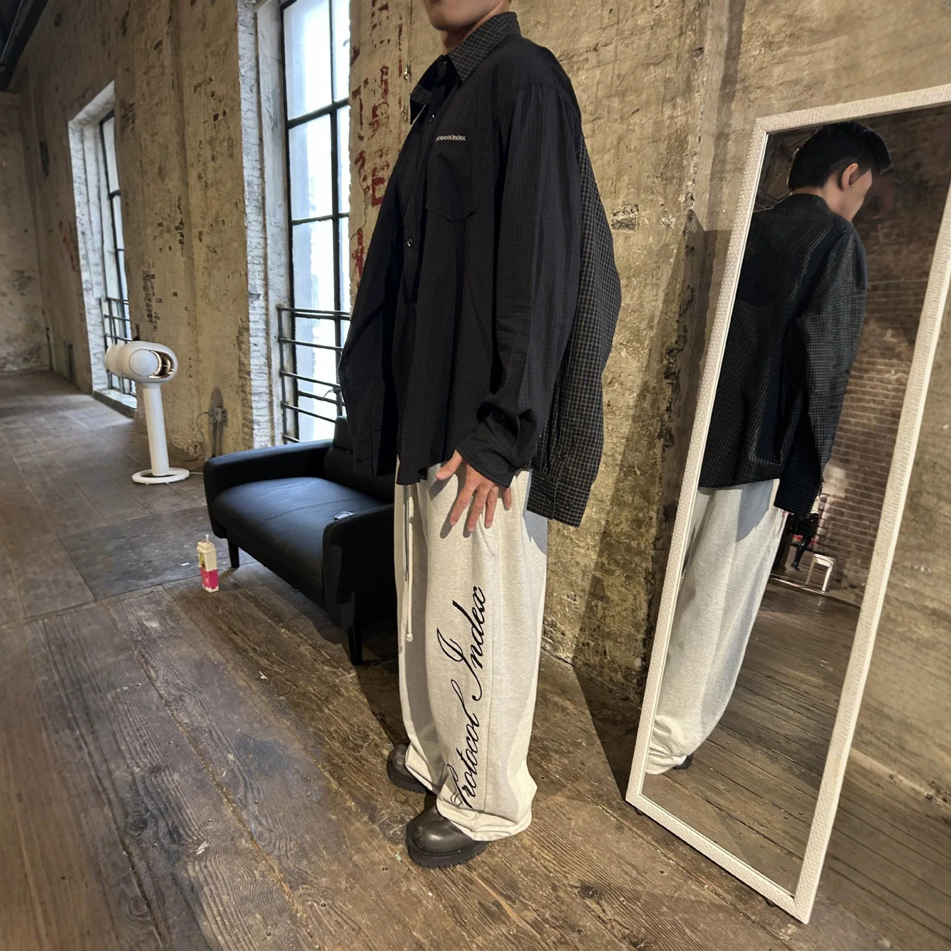 PROJECT G/R - Two-piece embroidered small letters combined four-sleeved loose-checkered lapel shirt Grailz Protocol Index