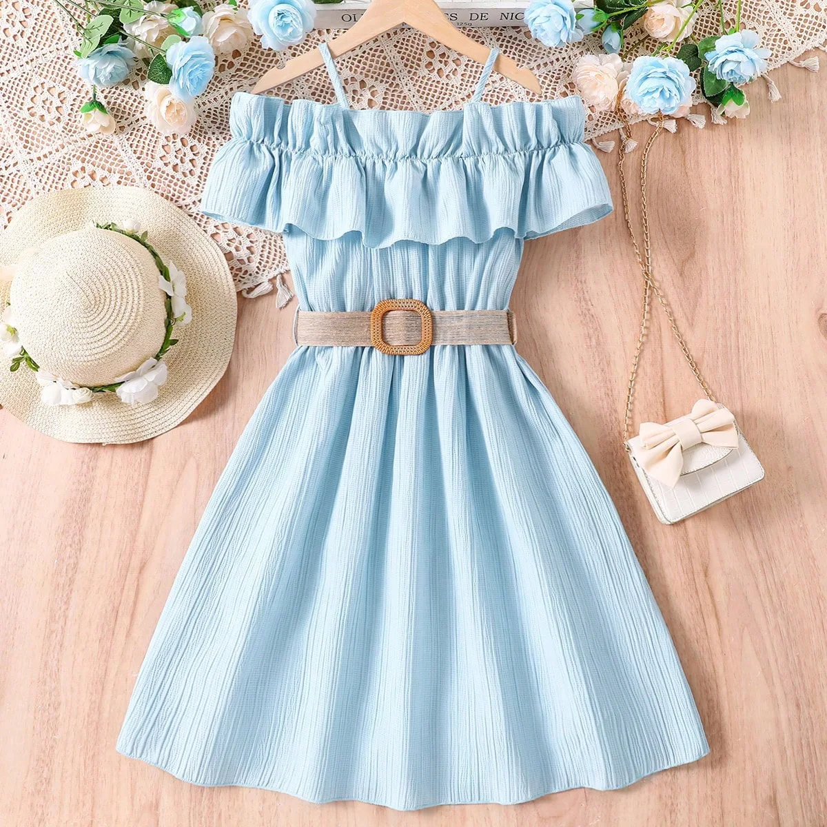 Girls Casual Dresses One-line Shoulder Strap Patchwork Lace Dress Kids Clothes Girls 8 To 12 Years Princess Dress for Girls