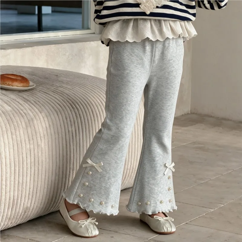 New Girls Beaded Bow Pants Baby Kids Spring Autumn Princess Clothes Children Birthday Flare Trousers Pant Leggings