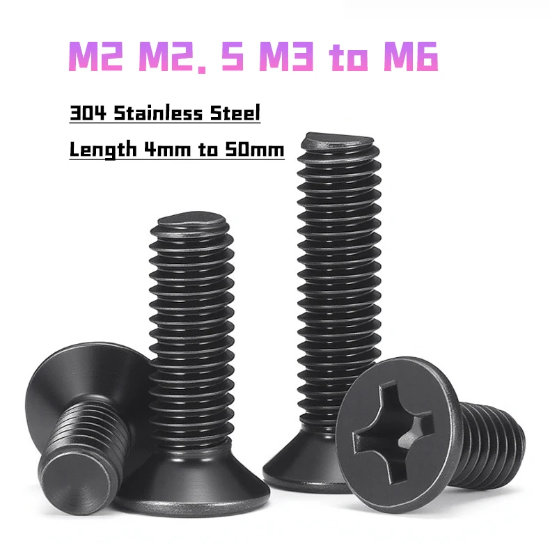 M2 M2.5 M3 M4 M5 M6 Mini Small Black 304 Stainless Steel Cross Phillips Flat Head Countersunk Head Screw Length 4mm to 50mm