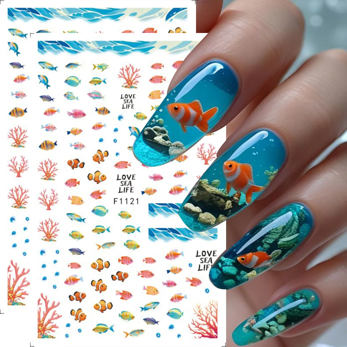 2 Stück Sommer-Ozean-Korallen-Goldfisch-Nagelkunst-Aufkleber, Korallen-Cartoon-Kleinfisch-Designs, selbstklebende Maniküre-Aufkleber für Frauen
