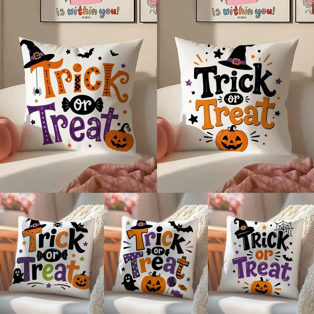 Halloween Trick or Treat Lettering Cushion Cover Pillowcase Short Plush Invisible zipper Room Sofa Cushion Cover