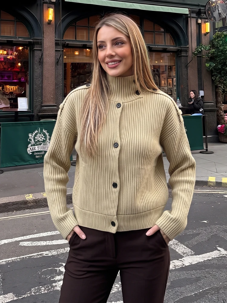 HH Women Fashion Vertical Striped Sweater Long Sleeve Single Breasted Asymmetric Stand Warm Coats 2026 Autumn High Street Top