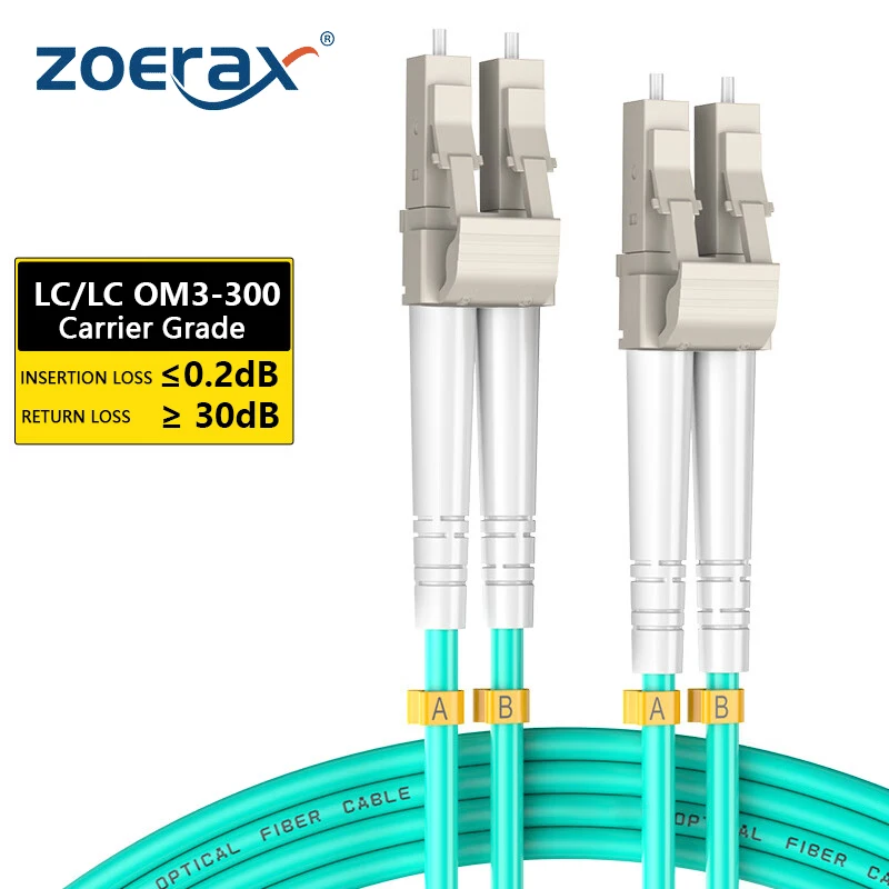 ZoeRax OM3 Fiber Optic Patch Cable (Carrier grade) LC UPC to LC UPC Duplex 3.0mm 50/125μm 100Gbps Multimode Riser (LSZH)