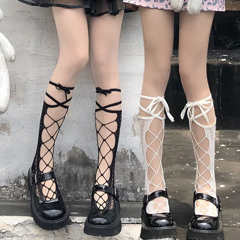 Lolita kaus kaki jaring lucu Harajuku kaus kaki betis tali tidak beraturan stoking jaring ikan jari terpisah kaus kaki tinggi paha berongga renda putih Gotik