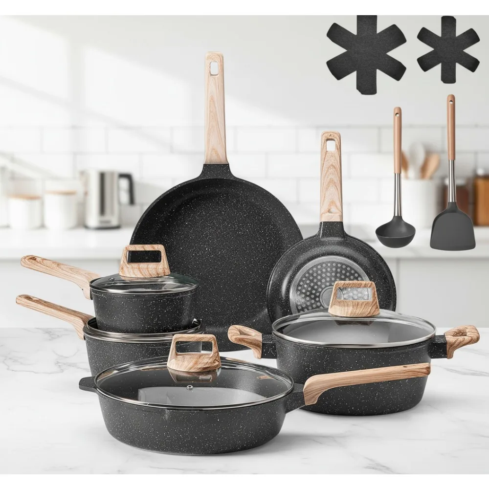 

17-Piece Nonstick Granite Cookware Set, Induction Compatible Pots & Pans with Glass Lids, Perfect for RV Kitchen & Home Cooking