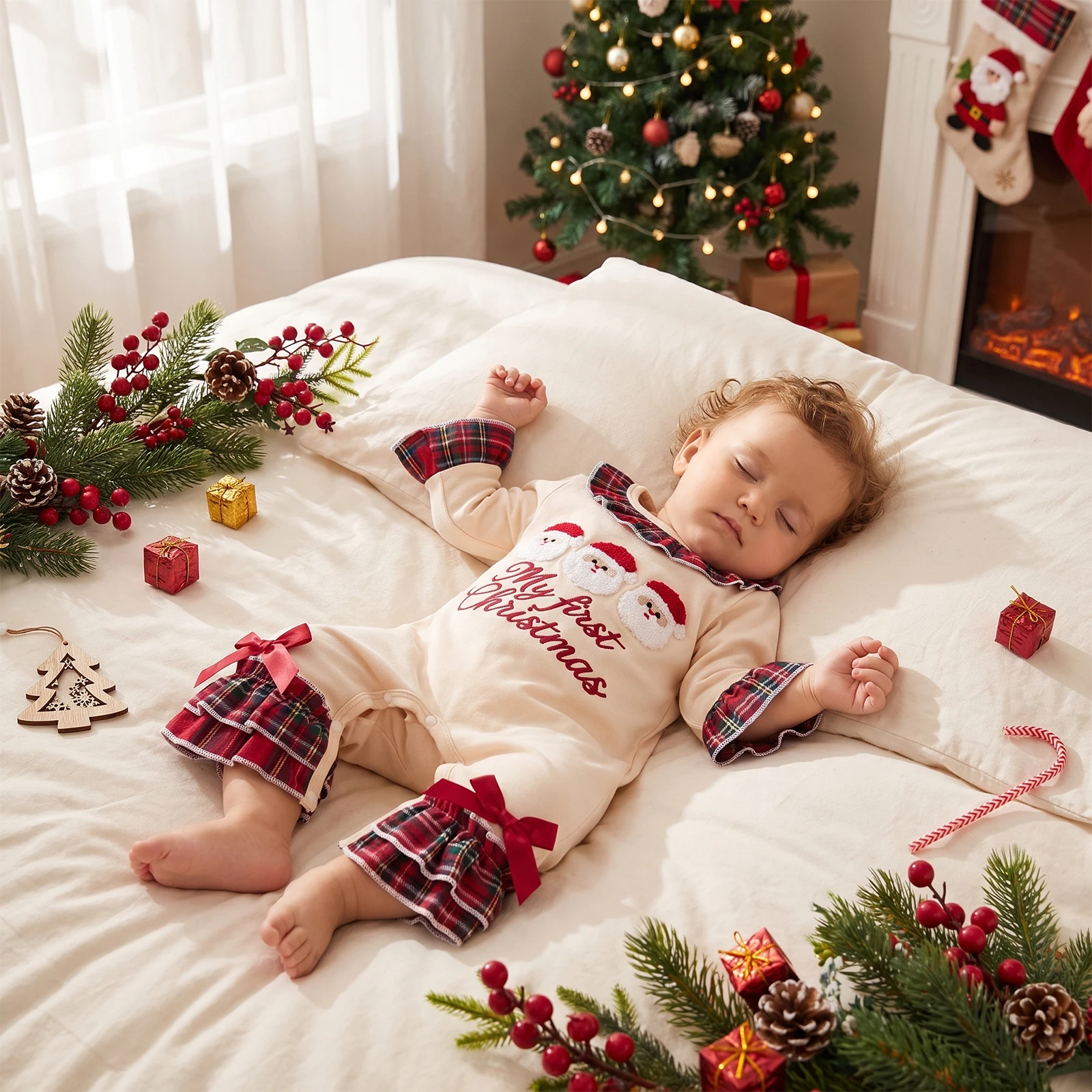 Baby Girl Christmas Romper Embroidery Crew Neck Long Sleeve Jumpsuit