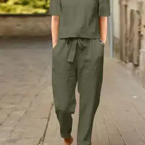 زنزيا الصيف النساء قصيرة الأكمام بلوزة الحريم السراويل مجموعات 2 قطعة الصلبة بدلة رياضية مجموعات من قطعتين فضفاضة Outifit عارضة مطابقة مجموعات أفضل 12 مجموعة اجتماعية للمبيعات والبلوزات - No3